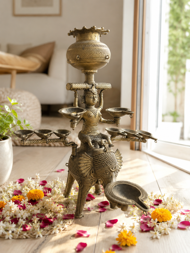 Handcrafted Dhokra Elephant Multi Diya Lamp Stand