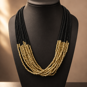 Handcrafted Brass & Black Glass Multi-Layer Necklace