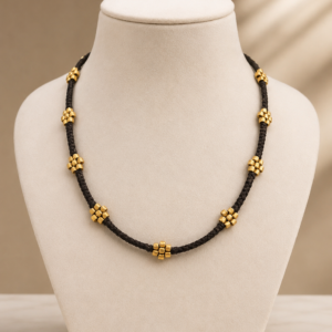 Black Thread Brass Flower Bead Necklace