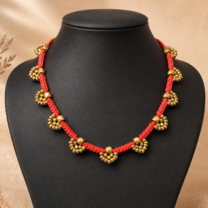 Red Thread Brass Bead Statement Necklace