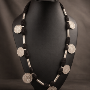 Silver-Tone Coin Black Thread Necklace