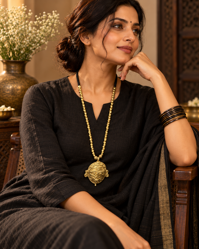 Black kurta styled with a handcrafted brass tribal face-pendant necklace from LoomiQ.