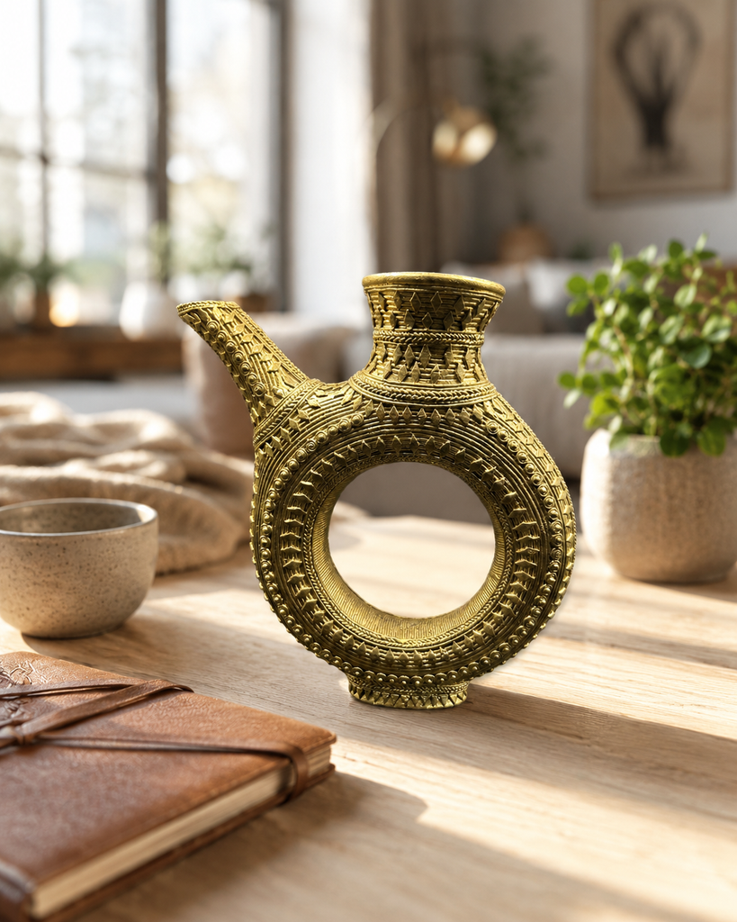 Handmade Dhokra brass Jerry displayed as traditional Indian home décor.