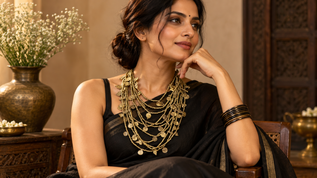 How to style Dhokra jewellery with a black saree and layered handcrafted brass necklace from LoomiQ.