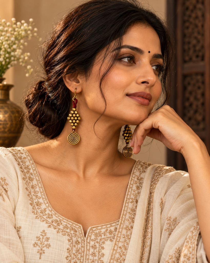 Indian woman in a cream kurta wearing brass spiral earrings with red-thread detailing from LoomiQ.