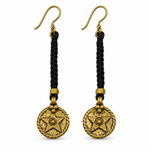 Black Cord Star Medallion Dhokra Brass Earrings