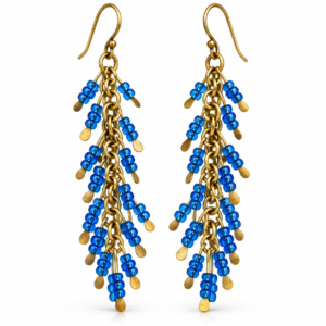 Blue Bead Cascade Dhokra Brass Earrings