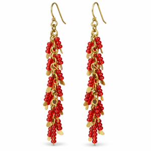 Red Bead Cascade Dhokra Brass Earrings