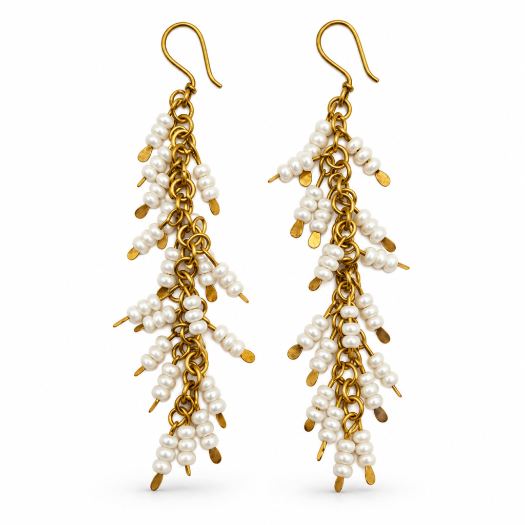 Pearl White Cascade Dhokra Brass Earrings