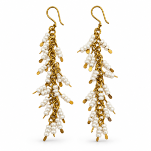 Pearl White Cascade Dhokra Brass Earrings