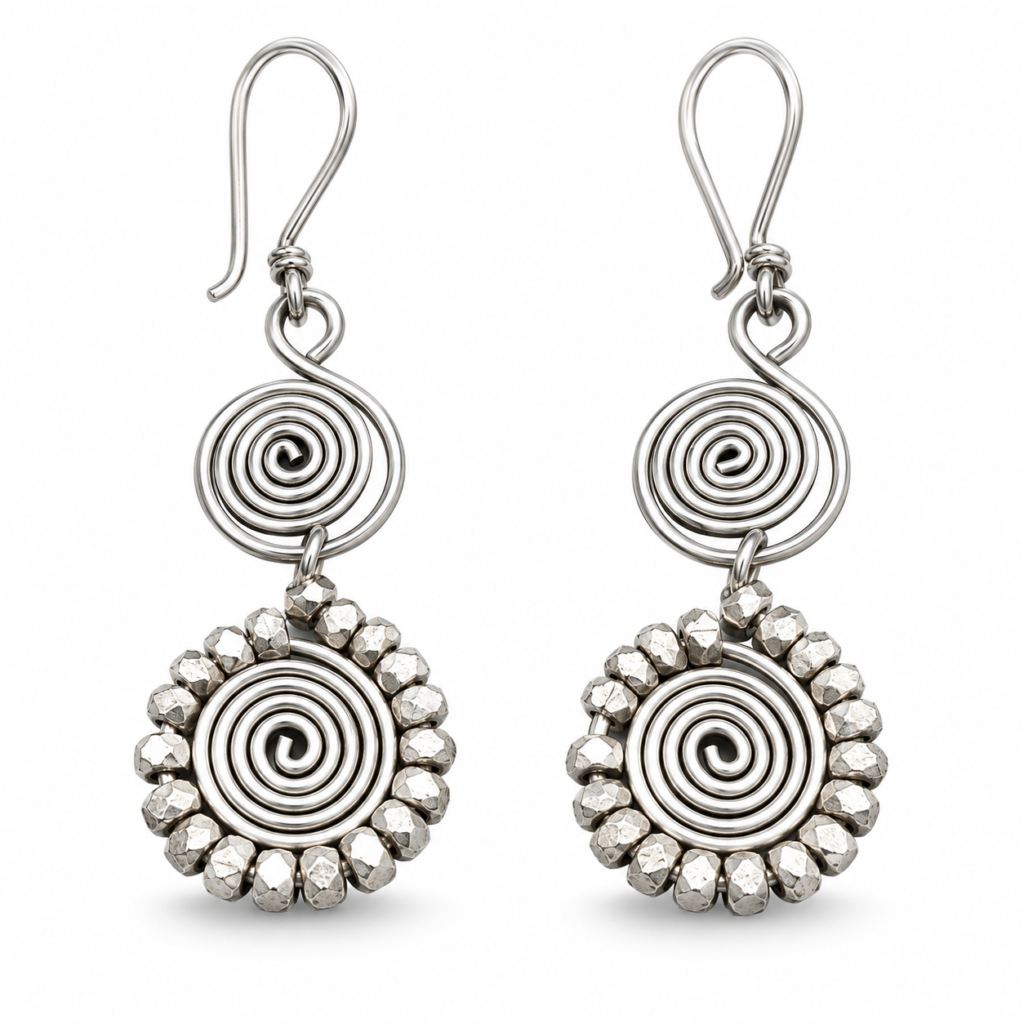 Beaded Double Spiral Dhokra White Metal Earrings