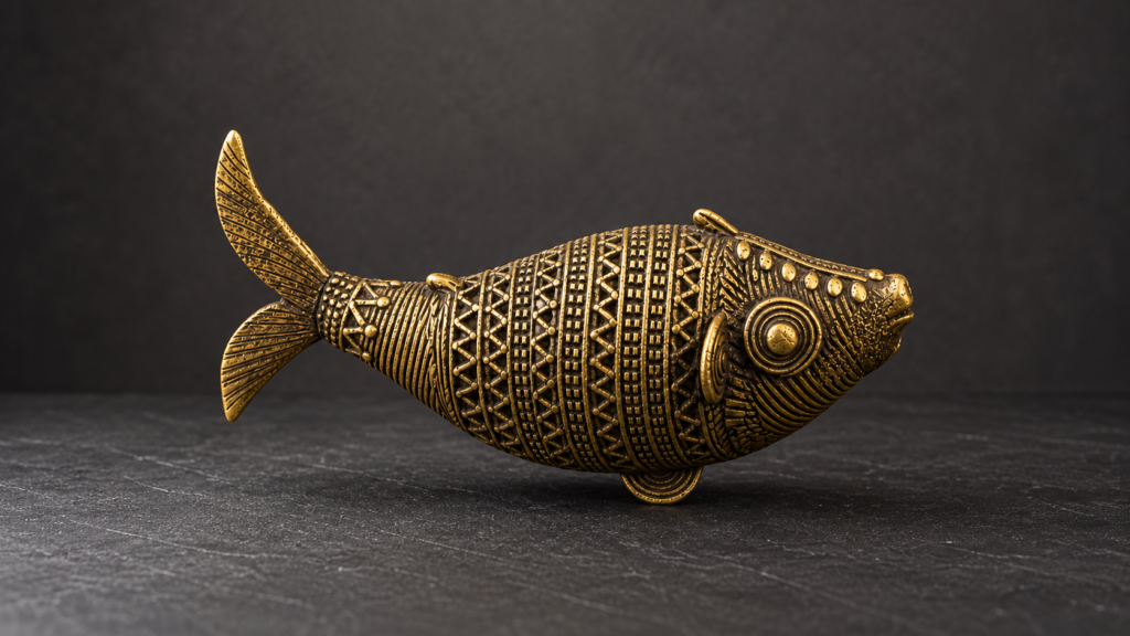 Handcrafted Dhokra art brass fish sculpture featuring intricate tribal patterns and traditional Indian metal craftsmanship.